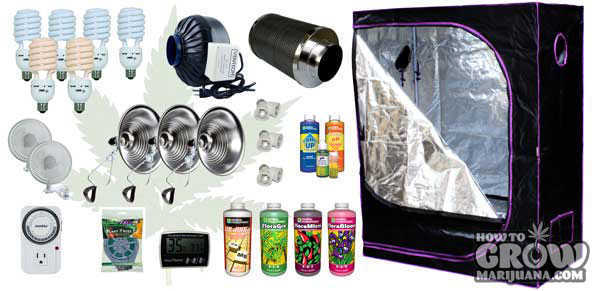 selection of growing equipment including cfl grow lights, fans, a timer, carbon filter, grow tent and nutrients